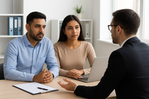 People discussing documents at a meeting